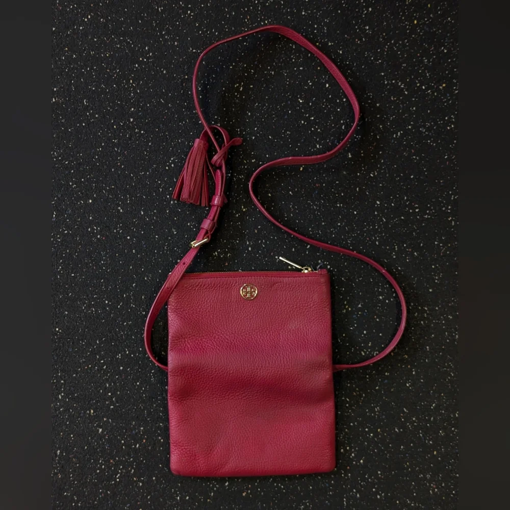 Tory Burch Mini Robinson Fold over Red Pebbled Leather Crossbody